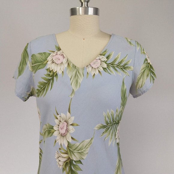 Vintage Kaua'iana Hawaiian Midi Dress Size M Petite Blue Floral Tropical *FLAWS - Picture 2 of 14